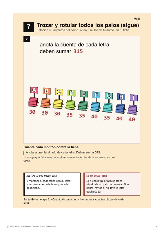 Los palos rotulados por letra y color, con su cuenta